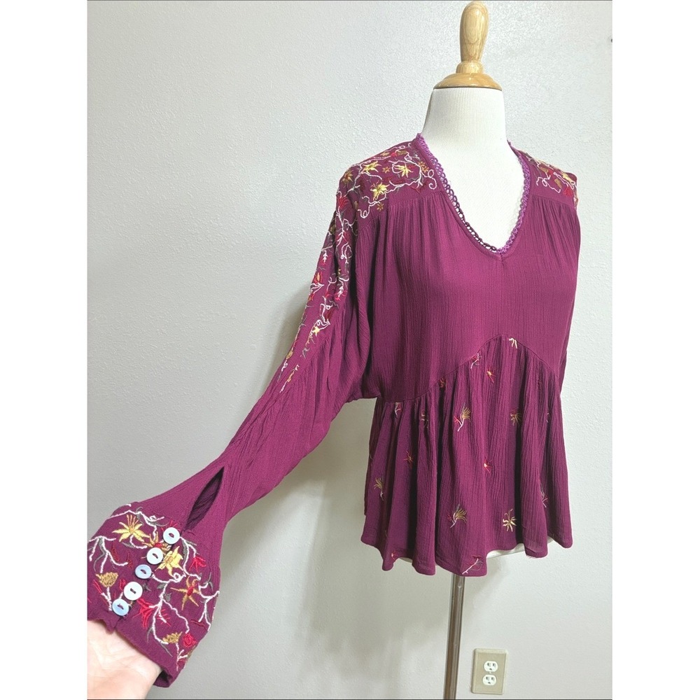 JW Style Large Heirloom Burgundy Embroidered Boho Top Babydoll Y2K Festival